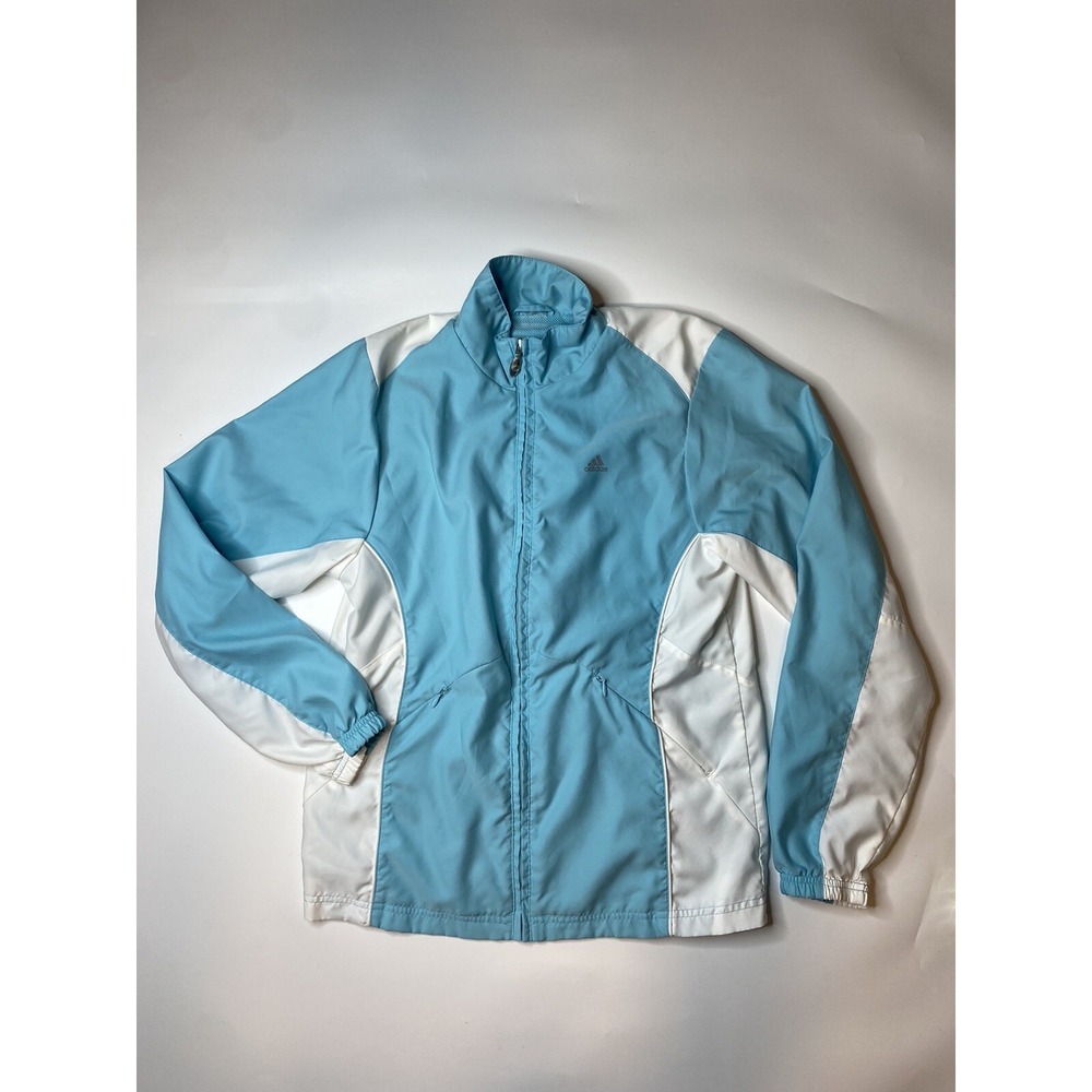 Vintage Adidas Jacket Women's Medium Blue White Athletic Full Zip Track Y2K